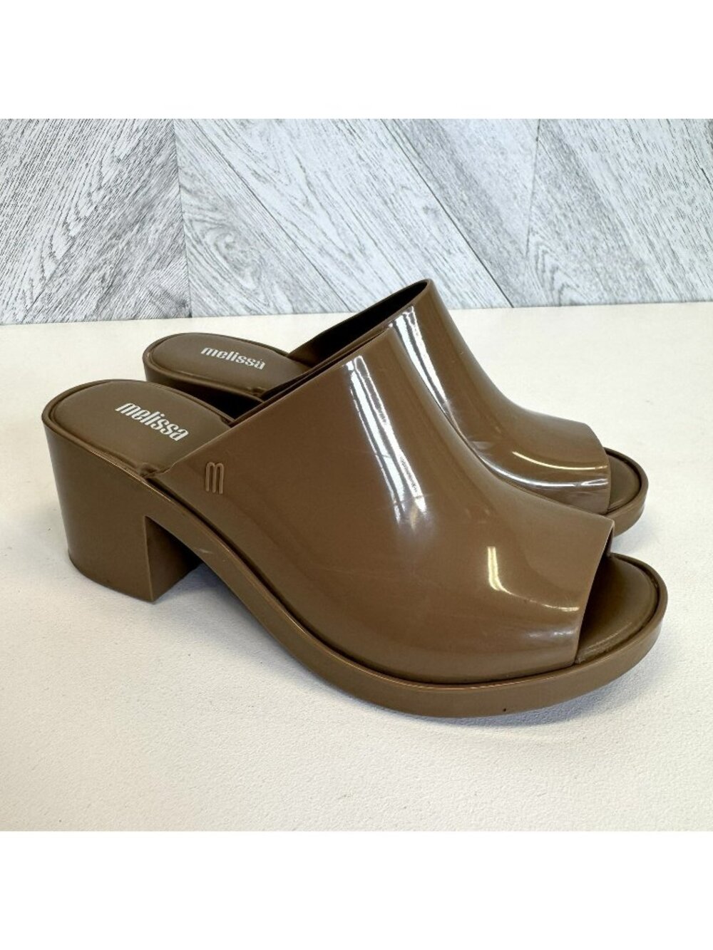 Melissa Mule II Sandals Block Heel Slip On Tan Peep Toe Shoes Womens US Size 8
